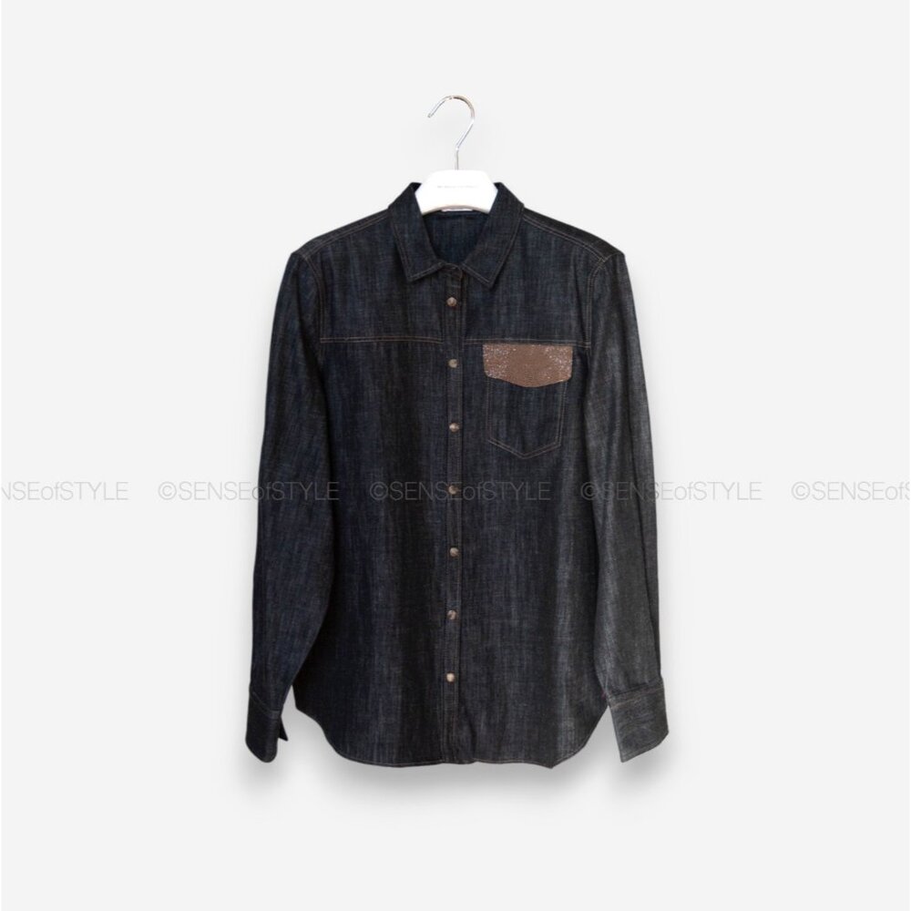 Brunello Cucinelli Denim  Jeans Shirt Top Button Long Sleeve Monili Size XL